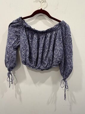 Spoiled Navy Paisley Blue Printed Off-Shoulder Crop Top with Ties